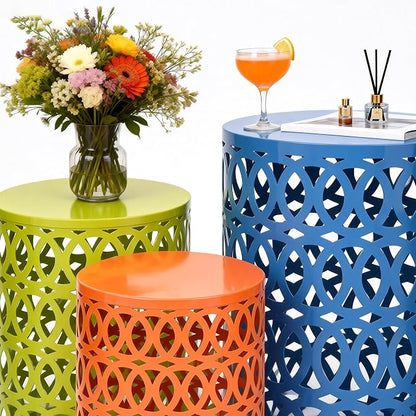 Side Table Set of 3, Modern Decorative Coffee Table with Geometric Cut-Out Design, Durable Metal Table with No Assembly&Weather-Resistant, Industrial Round Garden Stool for Patio, Indoor