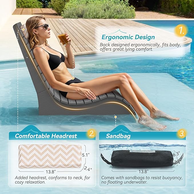Pool Lounge Chairs Set of 2, Use in Pools Lounge Chairs up to 10-Inches of Water, Chaise Chairs with Headrest, Lounge Chair Outdoor, Fade-Resistant Pool Lounger for Deck