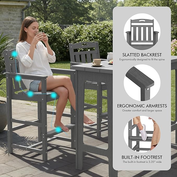 Ciokea 3 Pcs Outdoor Bar Height Table Set, 60" Extra Long Rectangle High Top Table and 2 Oversized Adirondack Chairs Set - Photo 6