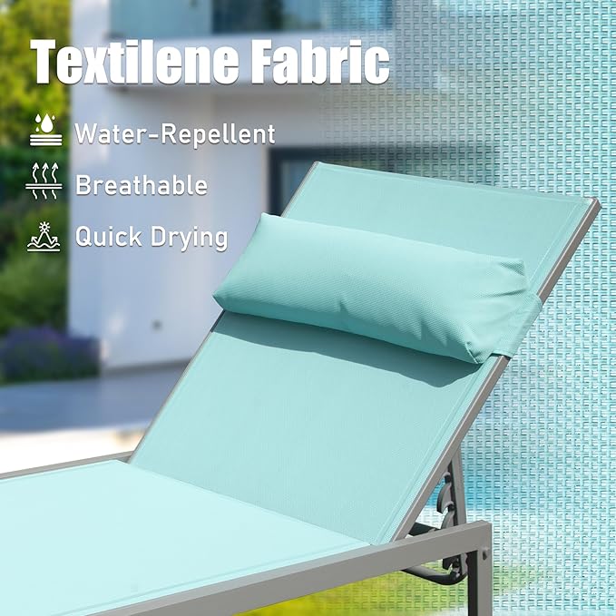 Domi Outdoor Lounge Chairs Set of 3, Upgraded Aluminum Chaise Lounge Chair W/ 5 Adjustable Positions, Patio Lounge Chair for Pool, Deck, Lawn, 2 Pool Chairs and 1 Side Table, Blue Seafoam