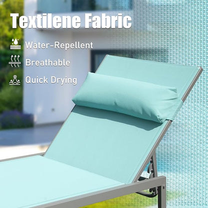 Domi Outdoor Lounge Chairs Set of 3, Upgraded Aluminum Chaise Lounge Chair W/ 5 Adjustable Positions, Patio Lounge Chair for Pool, Deck, Lawn, 2 Pool Chairs and 1 Side Table, Blue Seafoam