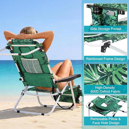 MOPHOTO Oversized Beach Lounge Chair, 5-Position Adjustable Tanning Chair with Face Hole, Heavy Duty Folding Chaise Lounge for Beach, Pool, Patio & Sunbathing