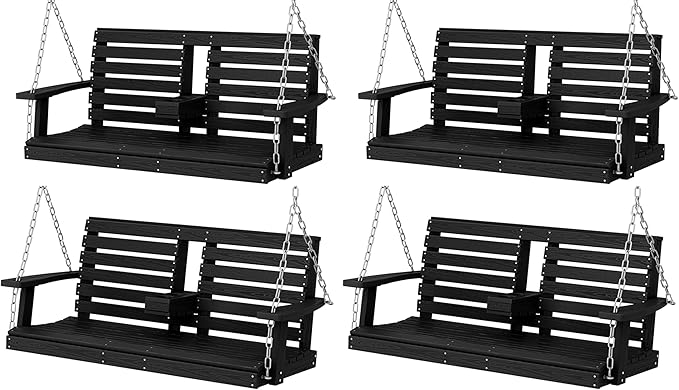 KINGYES Outdoor Hanging Porch Swing Set of 4, 2 Seat Patio Chair With Cup Holders - Photo 1