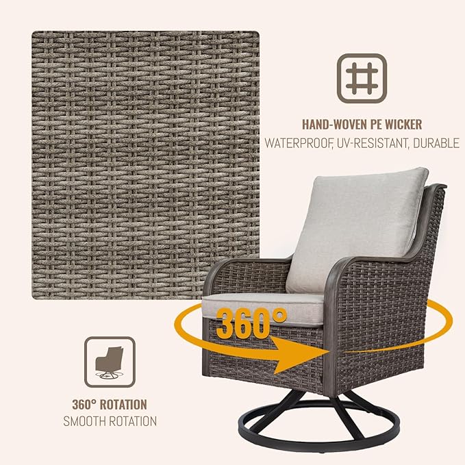 Loungewave Swivel PE Wicker Chair, Outdoor High Back Swivel Patio Chair, 360 Degree Outdoor Swivel Chair with Cushion, Patio Furniture for Porch Balcony Garden, Poolside (Brown/Beige)