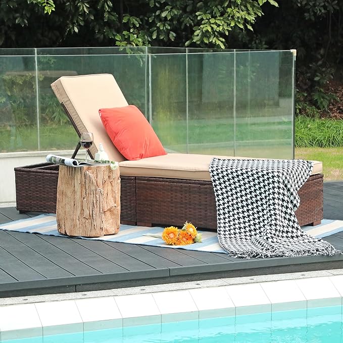 Patiorama Patio Chaise Lounge Chair, Sun Lounger, Outdoor Pool Beach Brown PE Rattan Wicker Reclining Chair W/Adjustable Backrest, Weather Cover, and Removable Cushion (Beige), Set of 2