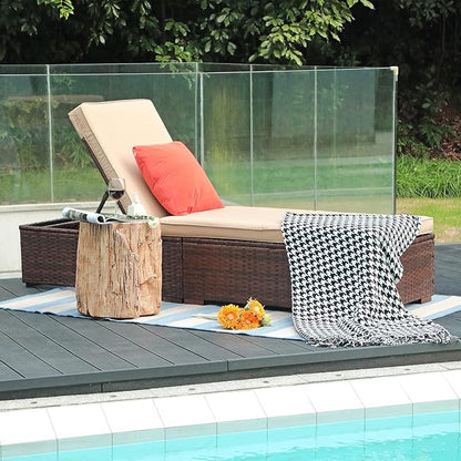 Patiorama Patio Chaise Lounge Chair, Sun Lounger, Outdoor Pool Beach Brown PE Rattan Wicker Reclining Chair W/Adjustable Backrest, Weather Cover, and Removable Cushion (Beige), Set of 2