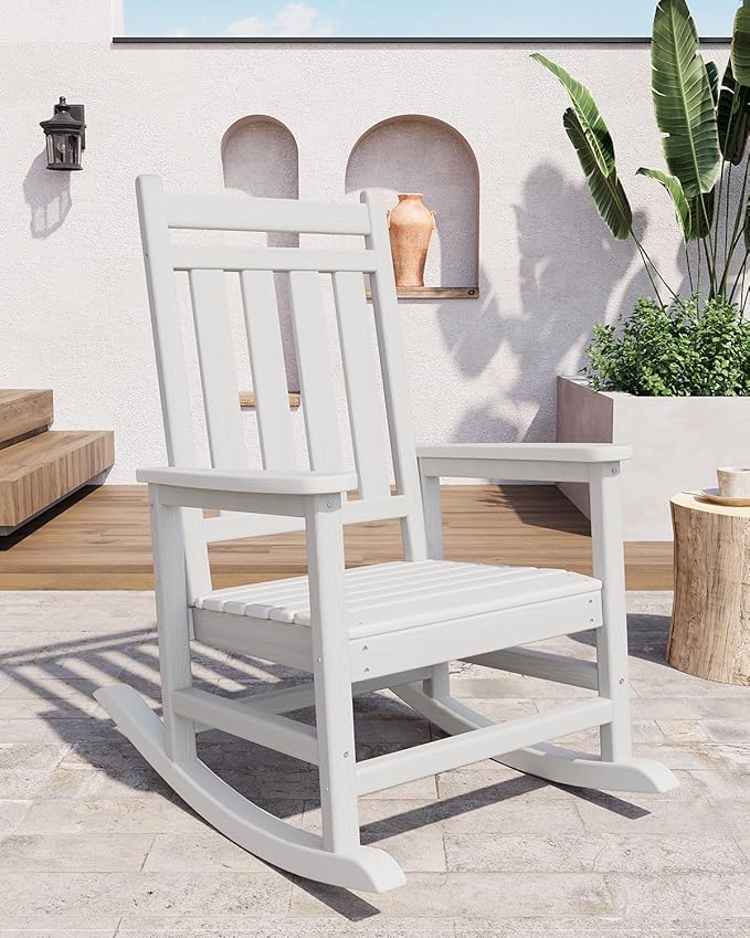GarveeHome Adirondack Outdoor Rocking Chair, All Weather HDPE Plastic Patio Rocker Chair with Wide Armrests, Classic Fire Pit Chair for Porch, Deck, Lawn, Garde, 380LBs, Easy to Install, White