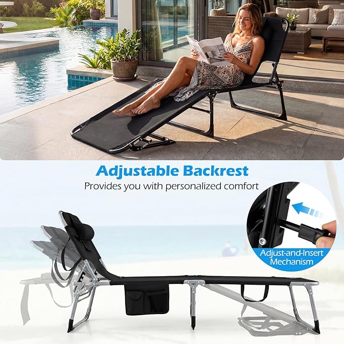 GYMAX Tanning Chair with Face Hole, Sun Bathing Lounge Chairs for Outside with Side Pocket - Photo 4