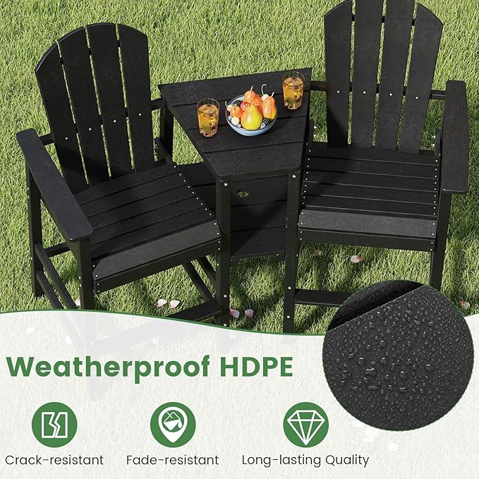 Giantex Outdoor Tall Adirondack Chairs Set of 2, HDPE Adirondack Bar Stools w/Double Connecting Tray, Umbrella Hole, High Backrest, All-Weather Balcony Chair, Patio Barstools for Garden Lawn (Black)