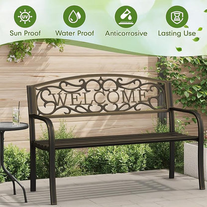 50" Outdoor Garden Bench, Iron Metal Frame Patio Bench with Backrest Armrests, Weatherproof Anti-Rust Outdoor Bench for Front Porch, Park, Yard, Patio (403-GOLDEN)