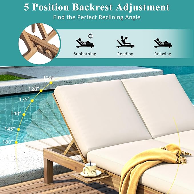 LUMISOL Patio Double Chaise Lounge, 5-Position Adjustable Backrest Double Chaise Lounge with Cushions and Folding Side Trays for Poolside, Garden, Light Teak