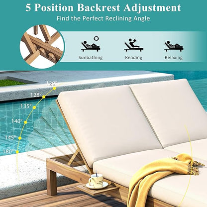 LUMISOL Patio Double Chaise Lounge, 5-Position Adjustable Backrest Double Chaise Lounge with Cushions and Folding Side Trays for Poolside, Garden, Light Teak