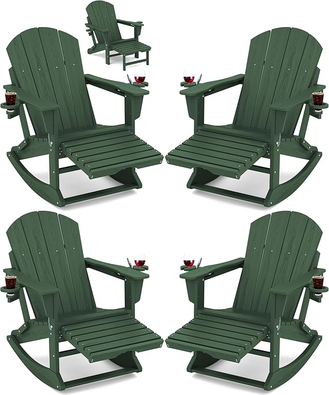 KINGYES Adirondack Rocking Chair Set of 4 with Retractable Ottoman and Cup Holders - Photo 1