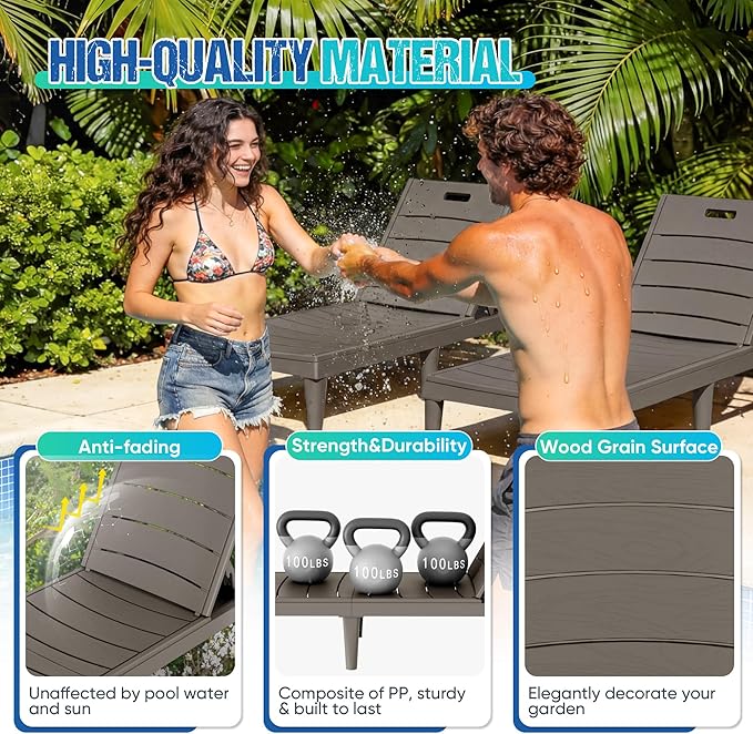 Greesum Outdoor Chaise Lounge Chair Set of 2, Waterproof 5-Position Adjustable PP Sun Loungers for Patio, Poolside, and Beach Sunbathing, Brown