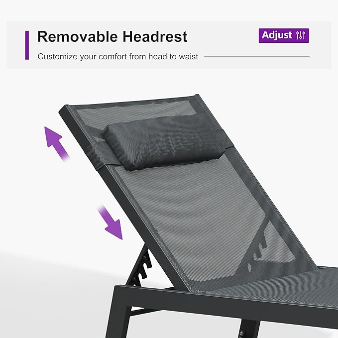 PURPLE LEAF Outdoor Oversized Lounge Chair Set of 3 Patio Chaise Pool Lounger Aluminum Frame with Side Table and Wheels for Outside Sunbathing Tanning Recliner Including Pillows Gray