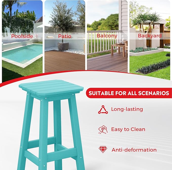 Costaelm 29" Height Outdoor Bar Stools, All-Weather Bar Stools, Adirondack Poly Patio Square Bar Stool for Patio, Deck, Kitchen Counter and Garden, Turquoise