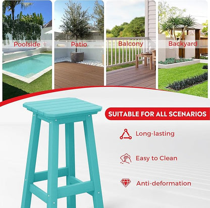Costaelm 29" Height Outdoor Bar Stools, All-Weather Bar Stools, Adirondack Poly Patio Square Bar Stool for Patio, Deck, Kitchen Counter and Garden, Turquoise