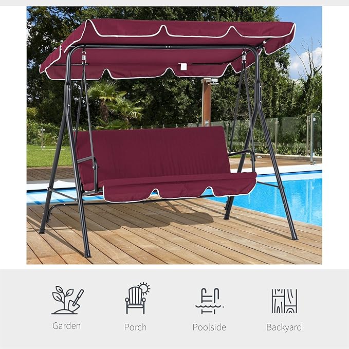 Outsunny 3-Seat Outdoor Patio Swing Chair with Removable Cushion, Steel Frame Stand and Adjustable Tilt Canopy for Patio - Photo 4