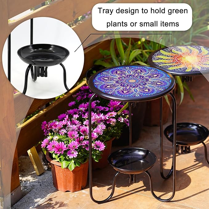 Modern Mosaic Mandala Pattern Glass Patio Table with Bottom Tray - Outdoor Side, Small Accent for Yard, Porch, Garden, Living Room, Coffee Tea, Plant Stand (Blue Mandala)