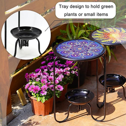 Modern Mosaic Mandala Pattern Glass Patio Table with Bottom Tray - Outdoor Side, Small Accent for Yard, Porch, Garden, Living Room, Coffee Tea, Plant Stand (Blue Mandala)