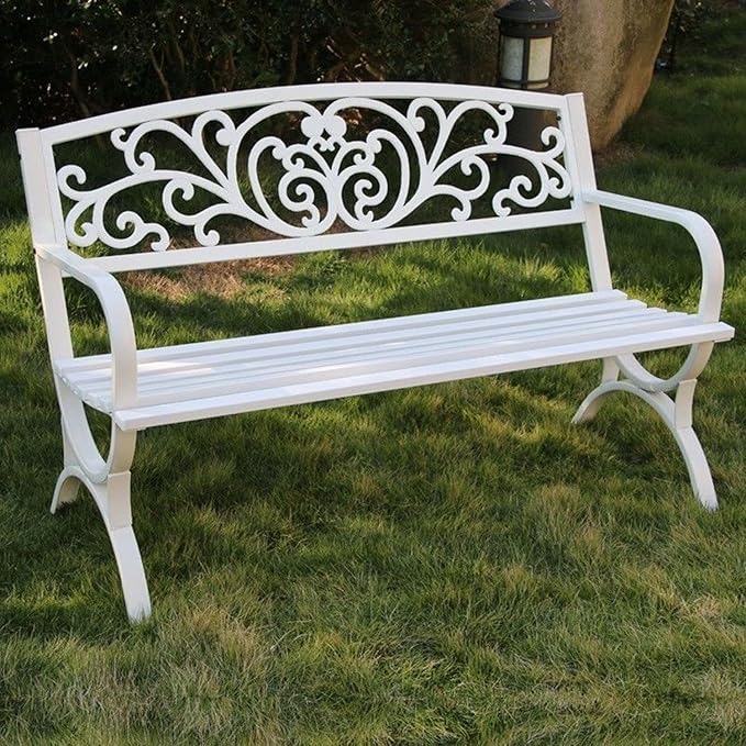 Outdoor Metal Garden Bench with Armrests - Slatted Patio Seat for Yard, Porch, Lawn, Balcony - Versatile Black, Red, White Park Bench for Backyard Relaxation