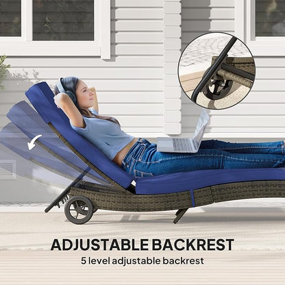 Outsunny Wicker Chaise Lounge Chair Outdoor with Wheels & Cushion, PE Rattan Patio Lounge Chair with 5-Level Adjustable Backrest for Poolside, Garden, Dark Blue