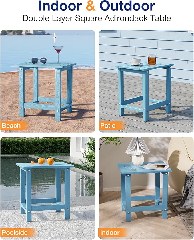 YEFU Outdoor Side Table for Patio: 16" HIPS Weather - Resistant Adirondack Tables Set of 2 - Small Square End Tables for Backyard Pool Porch Balcony - Indoor Outdoor Durable Table Blue