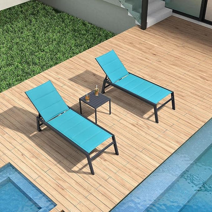 PURPLE LEAF Outdoor Lounge Chairs Aluminum Chaise Lounge Set of 2 Patio Chaise Lounge Chairs with Wheels and Side Table for Poolside Backyard Outside Turquoise Blue
