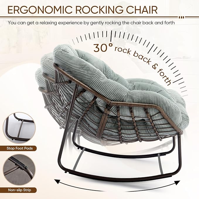 Large Indoor Rocking Chair Set of 2, Oversized Rocking Papasan Chair with Thick Cushion and Frame,Comfy Corduroy Rocker Wicker Egg Chairs Lounge Reading Chair for Living Room, Bedroom, Apartment,Green