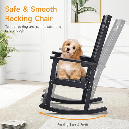 Outdoor Rocking Chair, Patio Rocking Chairs with High Back and Armrest, All Weather Oversized Porch Rocking Chairs 400 lbs Support, Black Rocking Chair with Headrest Footrest for Porch Backyard Garden