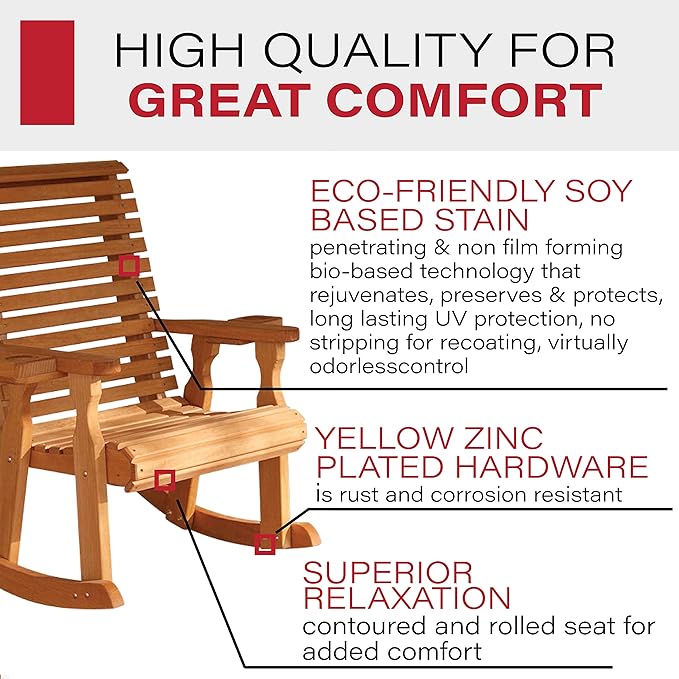 Amish Heavy Duty 600 Lb Roll Back Pressure Treated Rocking Chair with Cupholders (Cedar Stain)