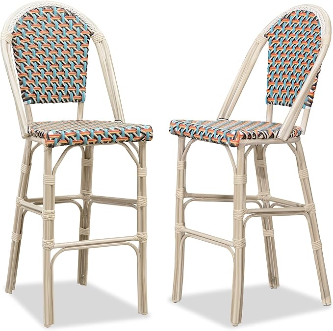 PURPLE LEAF French Bar Stool Set of 2 White Print Finish Patio Bar Stools with Back Rattan Chairs Wicker Bar Height - Photo 1
