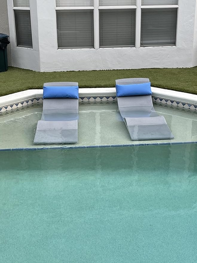 Aqua Outdoors - Outdoor Chaise Set - 2 Chaise Lounges, 2 Risers & Headrest Pillows, 1 Large Side Table - Patios & Pool Shelves - Water Depths 9-14” - Fading & Water Resistant (Grey Granite-Blue)