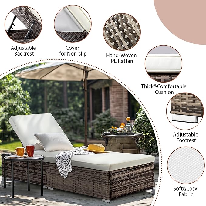 VINGLI Outdoor Chaise Lounge, Wicker Recliner w/Adjustable Backrest, Thick Water Repellent Cushions, Patio Rattan Lounge Chairs for Lawn, Beach, Balcony, Poolside (Grey)