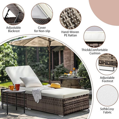 VINGLI Outdoor Chaise Lounge, Wicker Recliner w/Adjustable Backrest, Thick Water Repellent Cushions, Patio Rattan Lounge Chairs for Lawn, Beach, Balcony, Poolside (Grey)