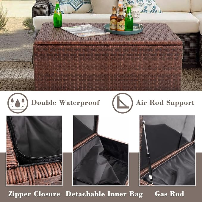 DIMAR GARDEN Outdoor Storage Coffee Table with Waterproof Cover,Patio Wicker Storage Table,42 Gallon Mixed Brown