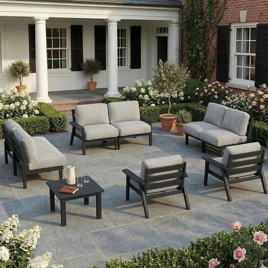 HDPE Patio Furniture Set 8 Seats, Outdoor Couch with Washable Thick Gray Cushions & Side Table, Outdoor Sectional Furniture for Backyard, Deck, Lawn, Porch (Black Frame)