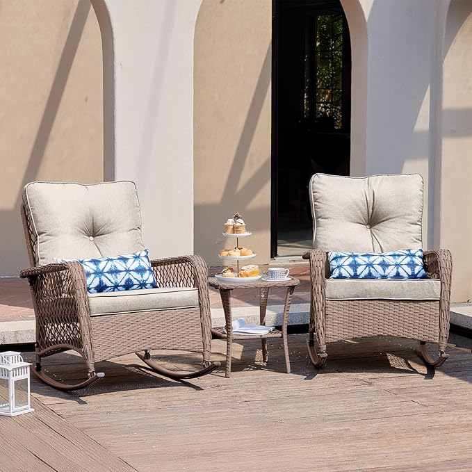 UDPATIO 3 Piece Patio Furniture Set, Wicker Rocking Bistro Set with 2 Rockers, 1 Side Table and 4‘’ Thick Cushions for Backyard, Porch, Balcony, Poolside, Brown/Beige
