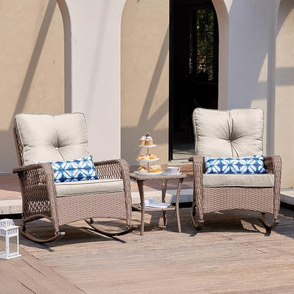 UDPATIO 3 Piece Patio Furniture Set, Wicker Rocking Bistro Set with 2 Rockers, 1 Side Table and 4‘’ Thick Cushions for Backyard, Porch, Balcony, Poolside, Brown/Beige
