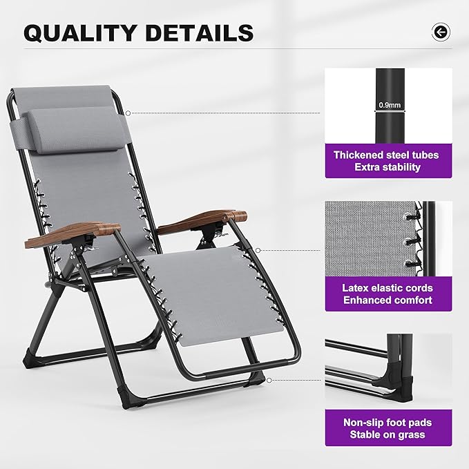 PURPLE LEAF Oversized Outdoor Reclining Chair Set of 2 Patio Zero Gravity Chaise Lounge Folding Chair with Removable Cushion Adjustable Headrest for Lawn Camping Beach Pool Grey