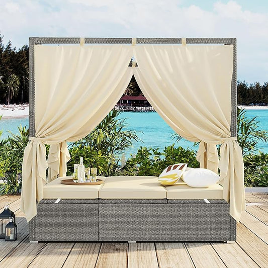 Harper & Bright Designs Adjustable Outdoor Sun Lounger with Canopy,Multi-Position Recline Patio Chair with Removable Cushion,Weather-Resistant Rattan Chaise Lounge for Poolside,Garden & Terrace,Beige
