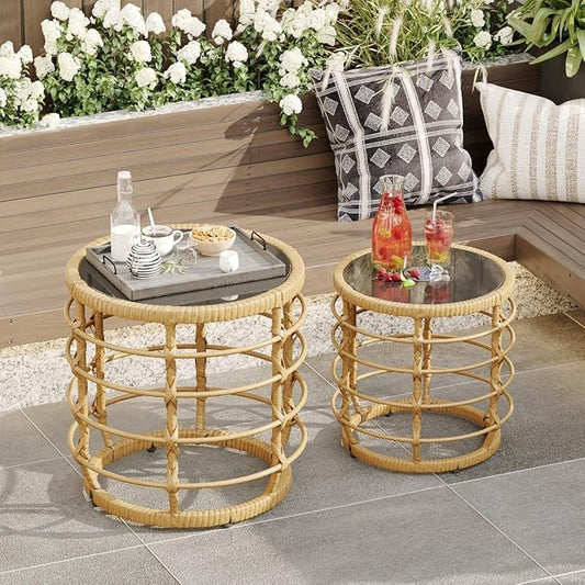 Lovinouse Rattan Round Side Table Set of 2, Small Circle Desk with Solar Lights and Tempered Glass Top,Weather-Resistant Wicker for Patio, Small Coffee End Table for Outdoor Living, Patio,Natural
