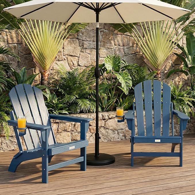Folding Adirondack Chair, All Weather Stable Gun-Leg Design Fire Pit Chairs with Cupholder for Outside