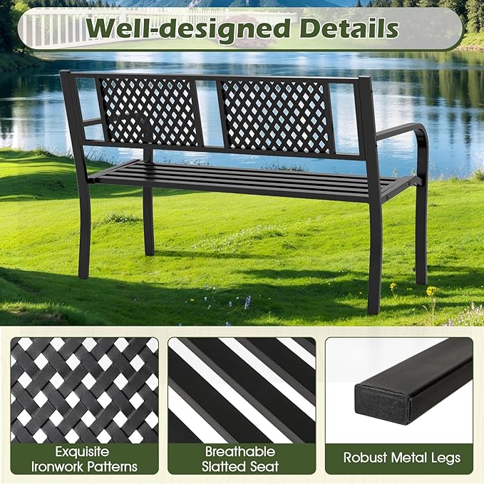 Giantex Metal Outdoor Bench with Mesh Pattern Backrest, Curved Armrests, 660Lbs Capacity, Slatted Seat for 2-3 Persons, Patio Bench for Yard, Poolside, Porch, Park, Garden (50"×23"×32",Black)