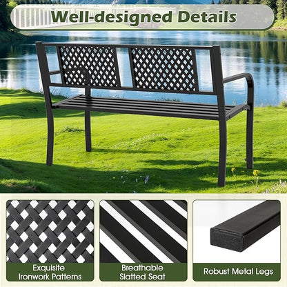 Giantex Metal Outdoor Bench with Mesh Pattern Backrest, Curved Armrests, 660Lbs Capacity, Slatted Seat for 2-3 Persons, Patio Bench for Yard, Poolside, Porch, Park, Garden (50"×23"×32",Black)