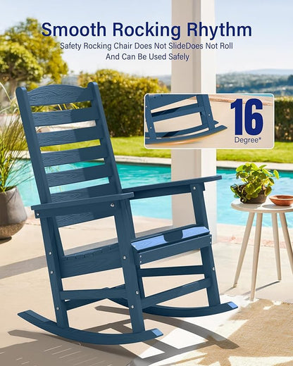 YEFU Outdoor Rocking Chair,Poly Porch Rocker with Curved Backrest,All Weather Patio Rocking Chair,Like Real Wood,for Indoor,Lawn, Backyard,Garden,Heavy Duty,Weight Capacity 380lbs(Navy Blue)
