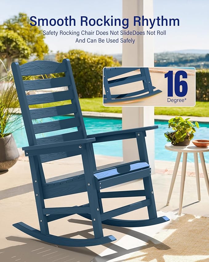 YEFU Outdoor Rocking Chair Set of 4,Poly Porch Rocker with Curved Backrest,All Weather Patio Rocking Chair,Like Real Wood,for Indoor,Lawn, Backyard,Garden,Heavy Duty,Weight Capacity 380lbs(Navy Blue)
