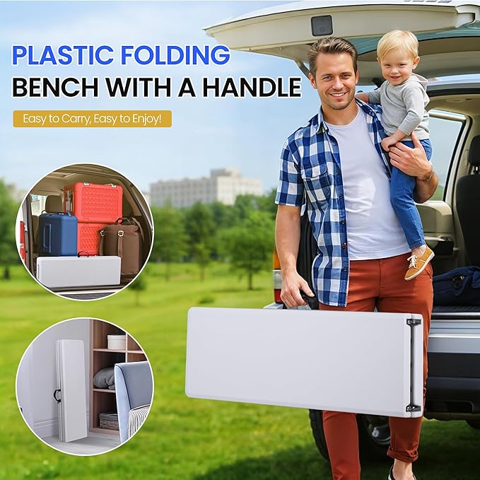 SUPER DEAL 6 FT Plastic Folding Bench, Portable Outdoor Bench with Handle & Non-Slip Mat, Waterproof Dining Seat for Picnic Party Garden Camping Soccer Field, 2 Pack, White