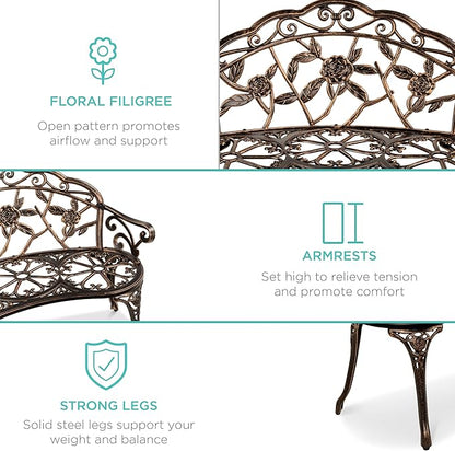 Best Choice Products Outdoor Bench Steel Garden Patio Porch Loveseat Furniture for Lawn, Park, Deck Seating w/Floral Rose Accent, Antique Finish - Bronze