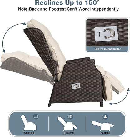 Outdoor Indoor Wicker Recliner with Adjustable Back and Footrest, Patio Reclining Chair with Flip-up Table, Outdoor Rattan Lounge Chair, Upgrade Beige